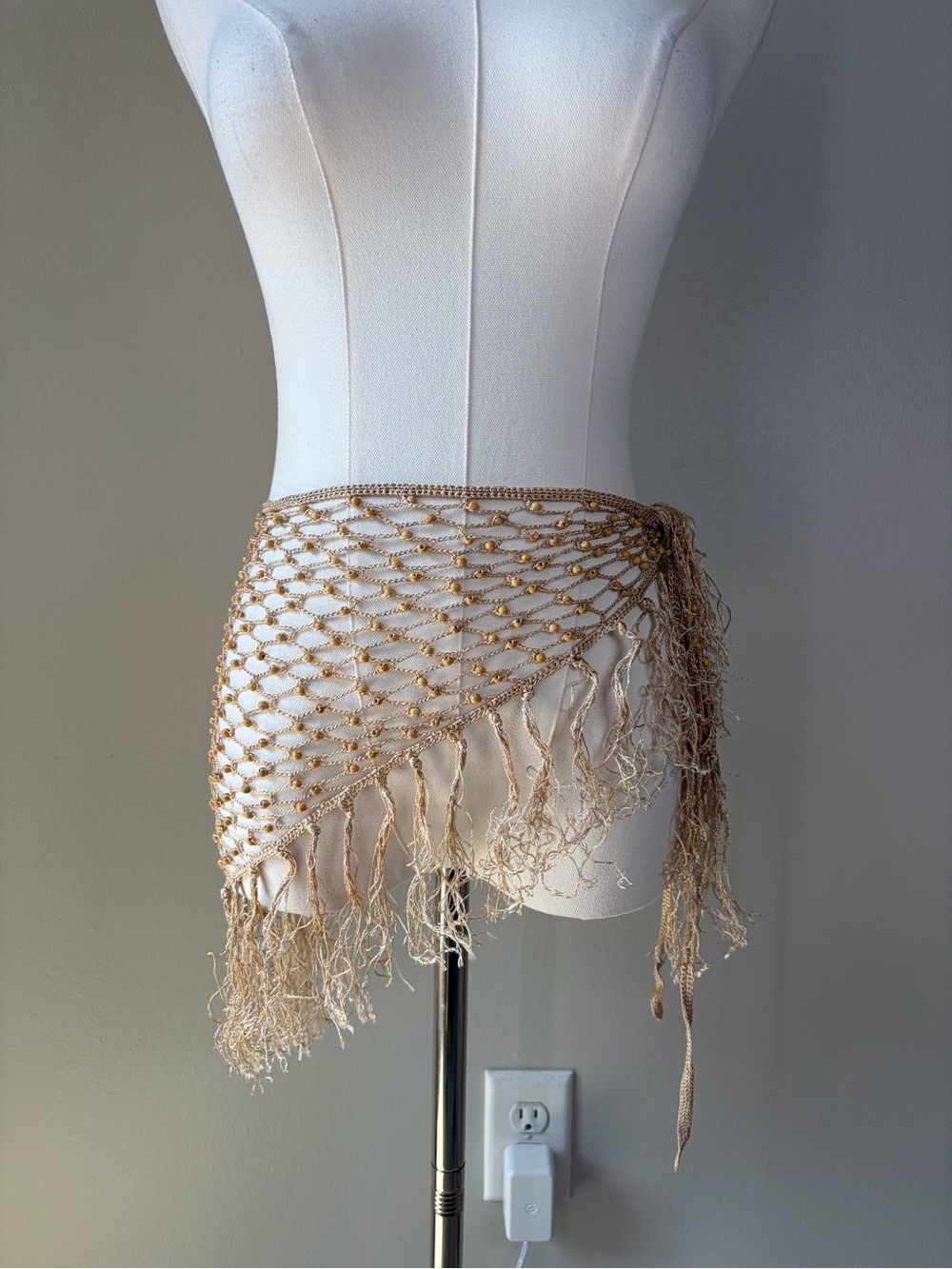 Boho Wooden Beaded Crochet Fringe Net Wrap Convertible Shawl Hip Scarf Festival - Picture 7 of 13